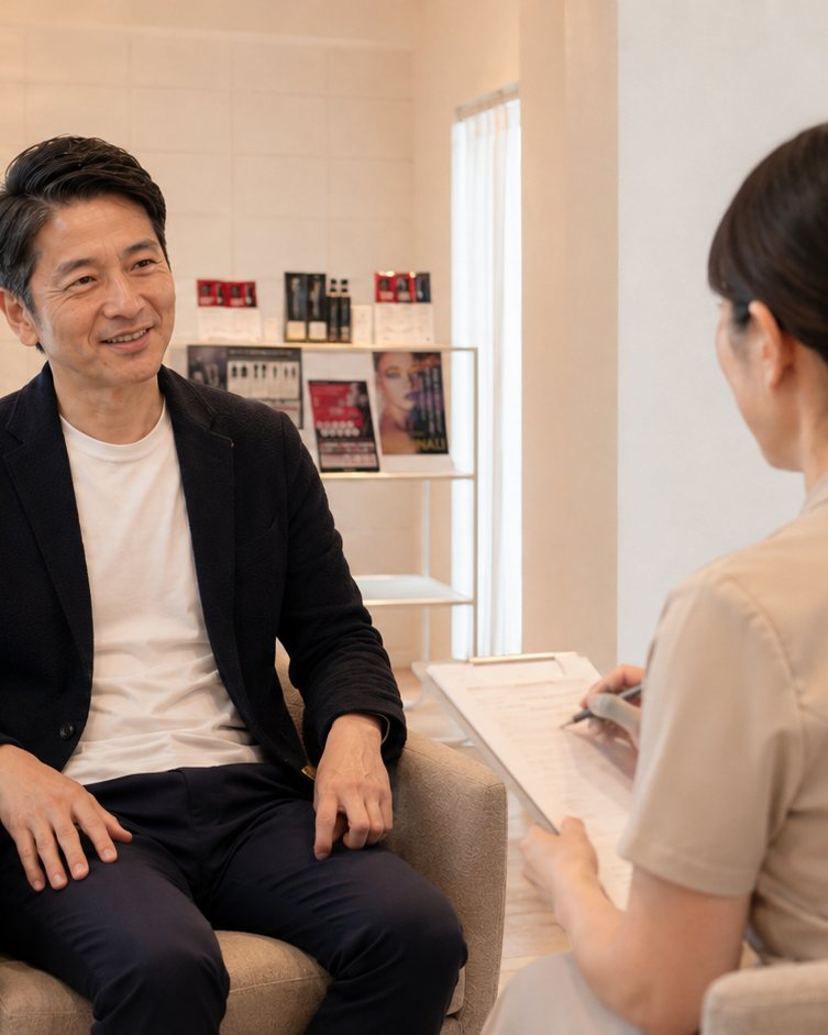 初回カウンセリングで笑顔で話すお客様と、話を聞くオーナーセラピスト菅原直美